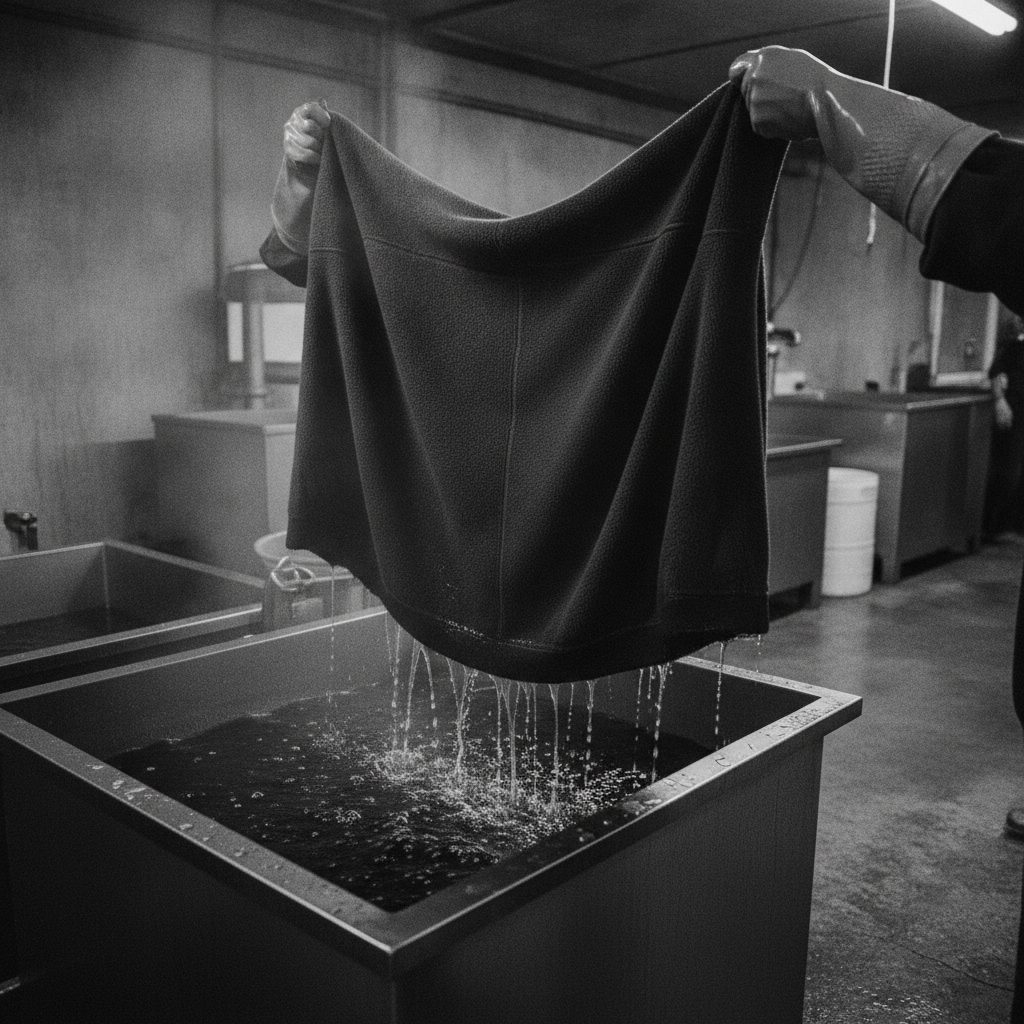 Wet fleece lifted dripping from a stainless dye vat