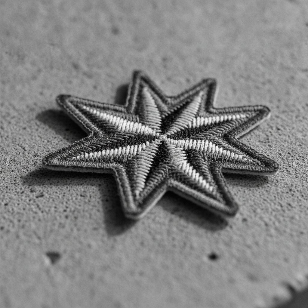 Macro of a woven fabric badge with a merrowed edge