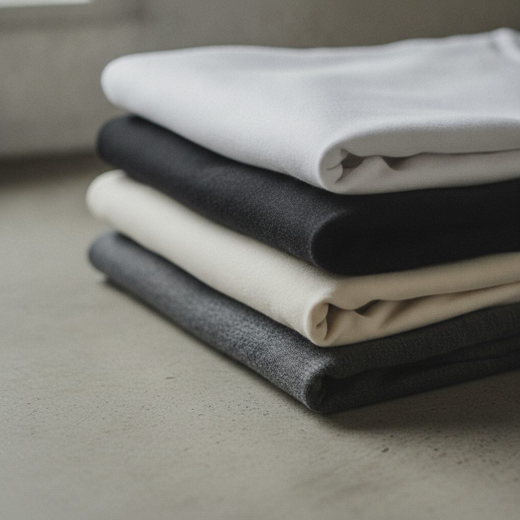 Stacks of folded premium blank t-shirts in neutral colors