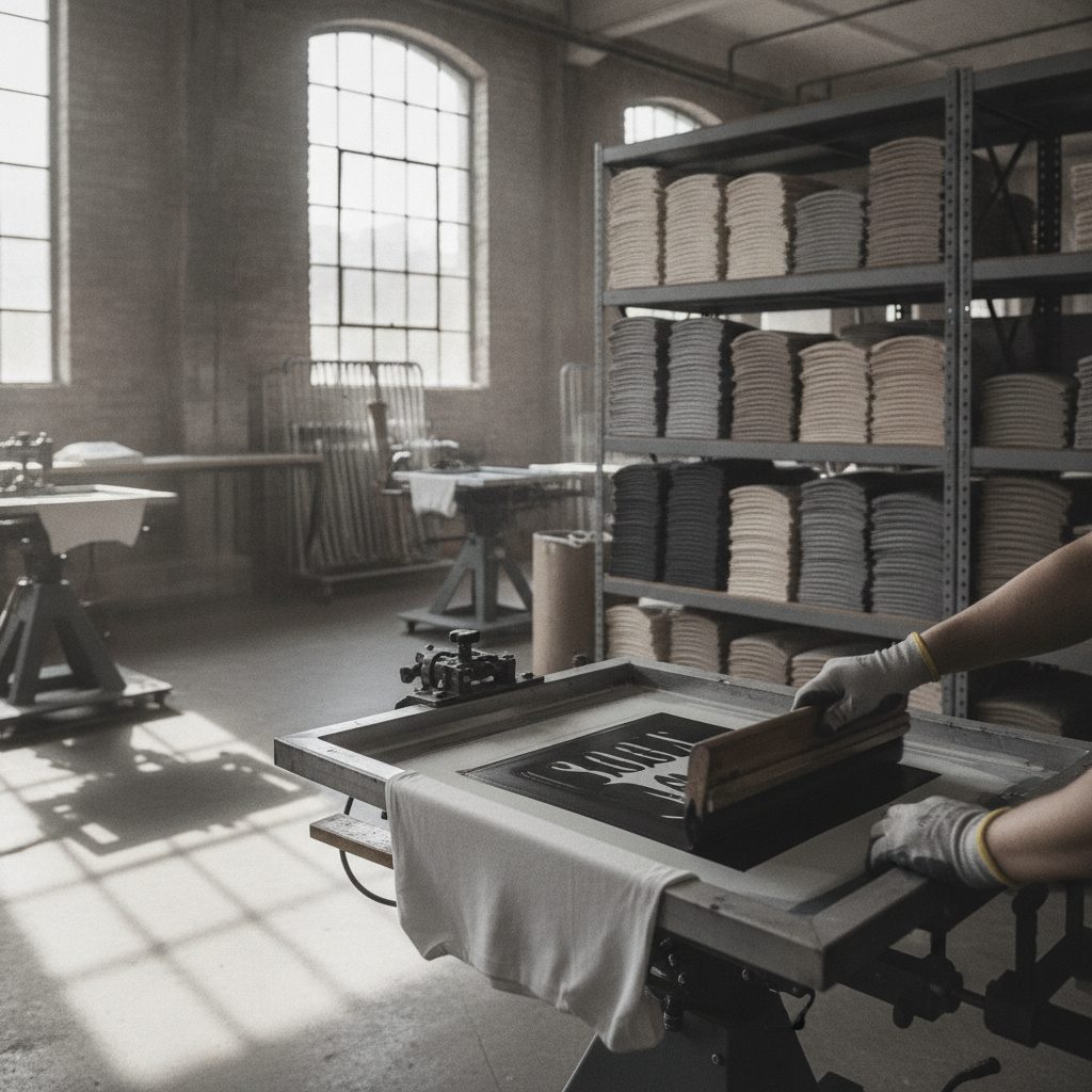 Screen printing press pulling a print onto a blank t-shirt in a print shop