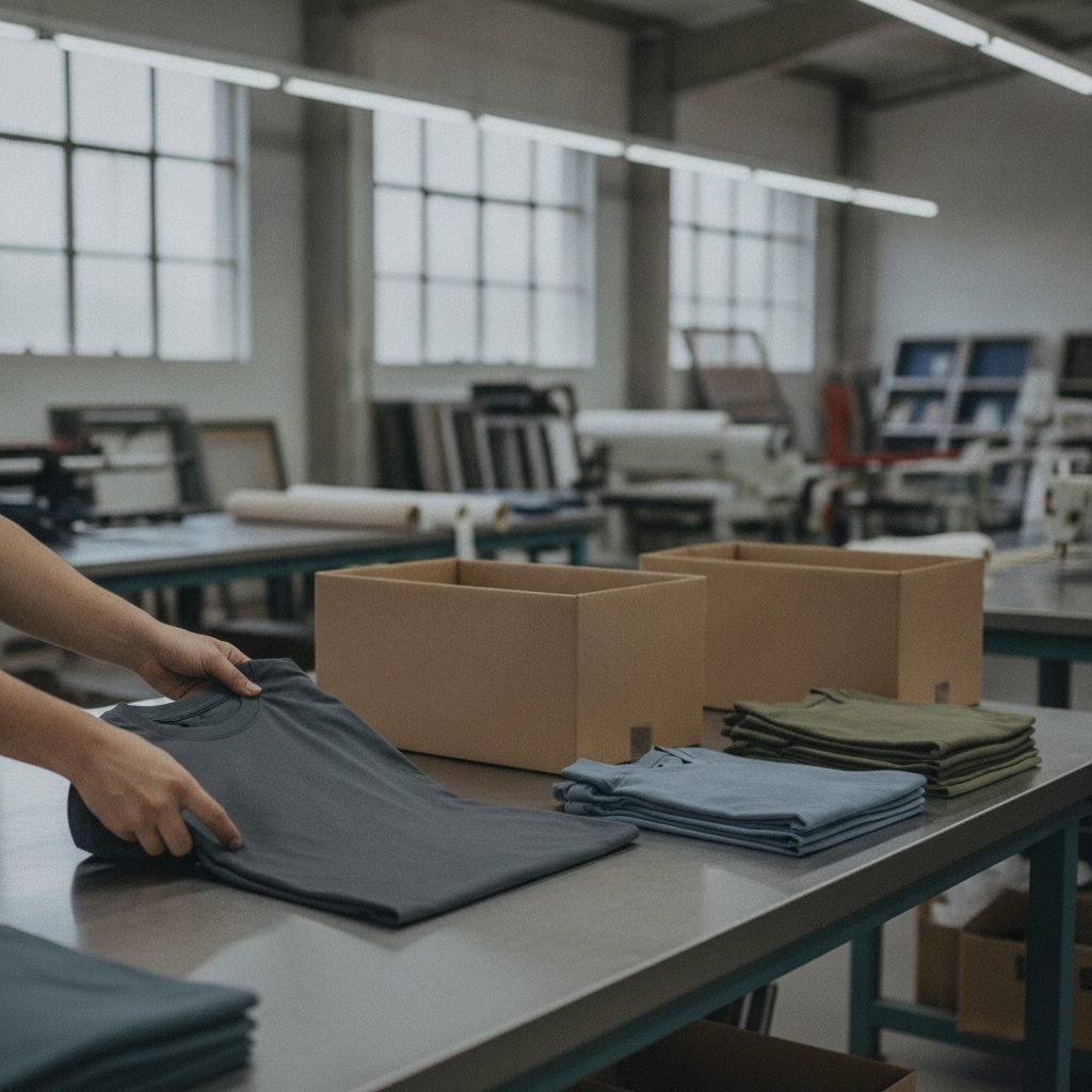 Finished custom printed t-shirts being folded and boxed after a production run