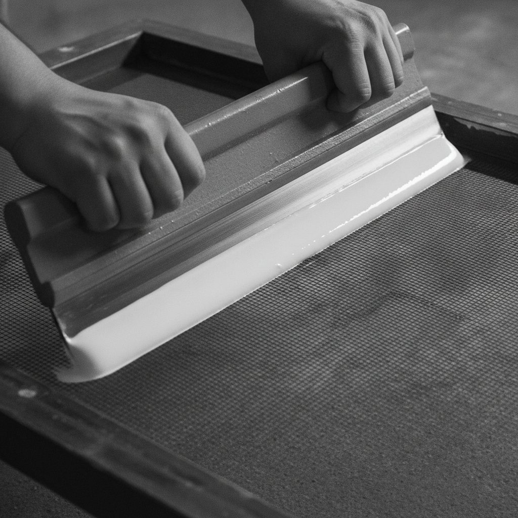 Thick white ink being pulled across a taut screen mesh with a squeegee