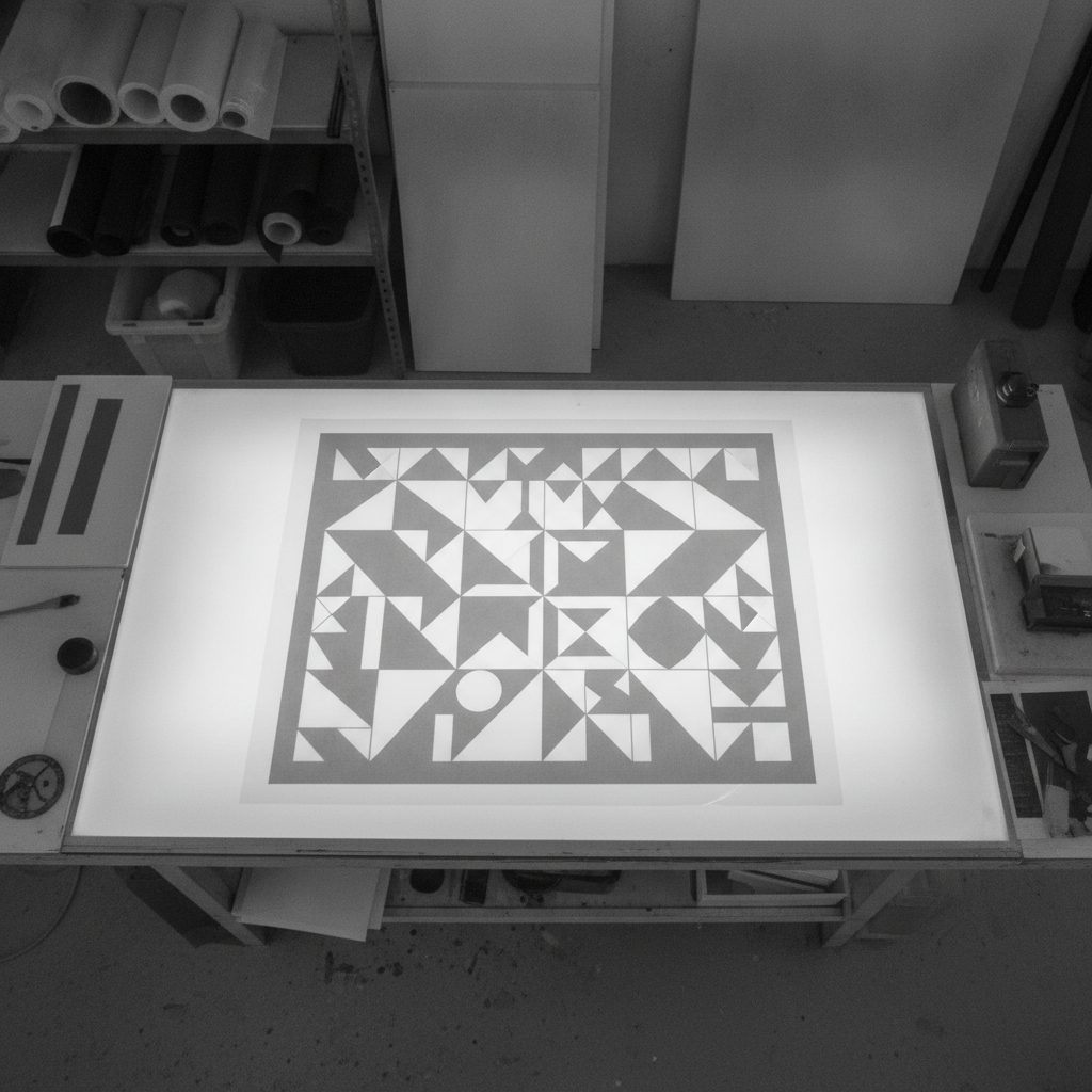 A sheet of clear transfer film on a lit table, carrying an abstract shape printed in dense white ink