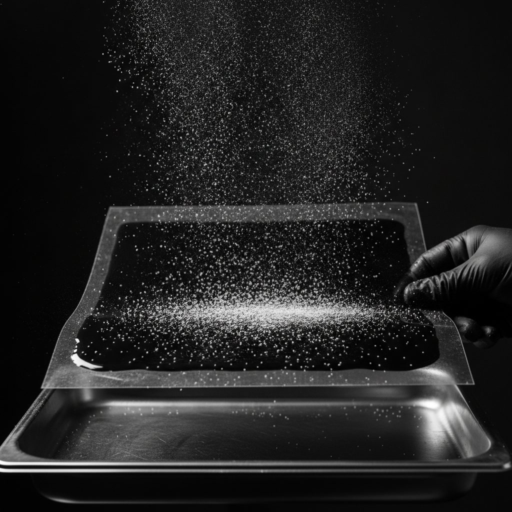 Fine adhesive powder settling across wet ink on a sheet of transfer film held over a steel tray