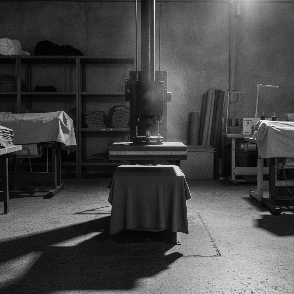 An industrial heat press closing onto a black cotton t-shirt laid over its platen