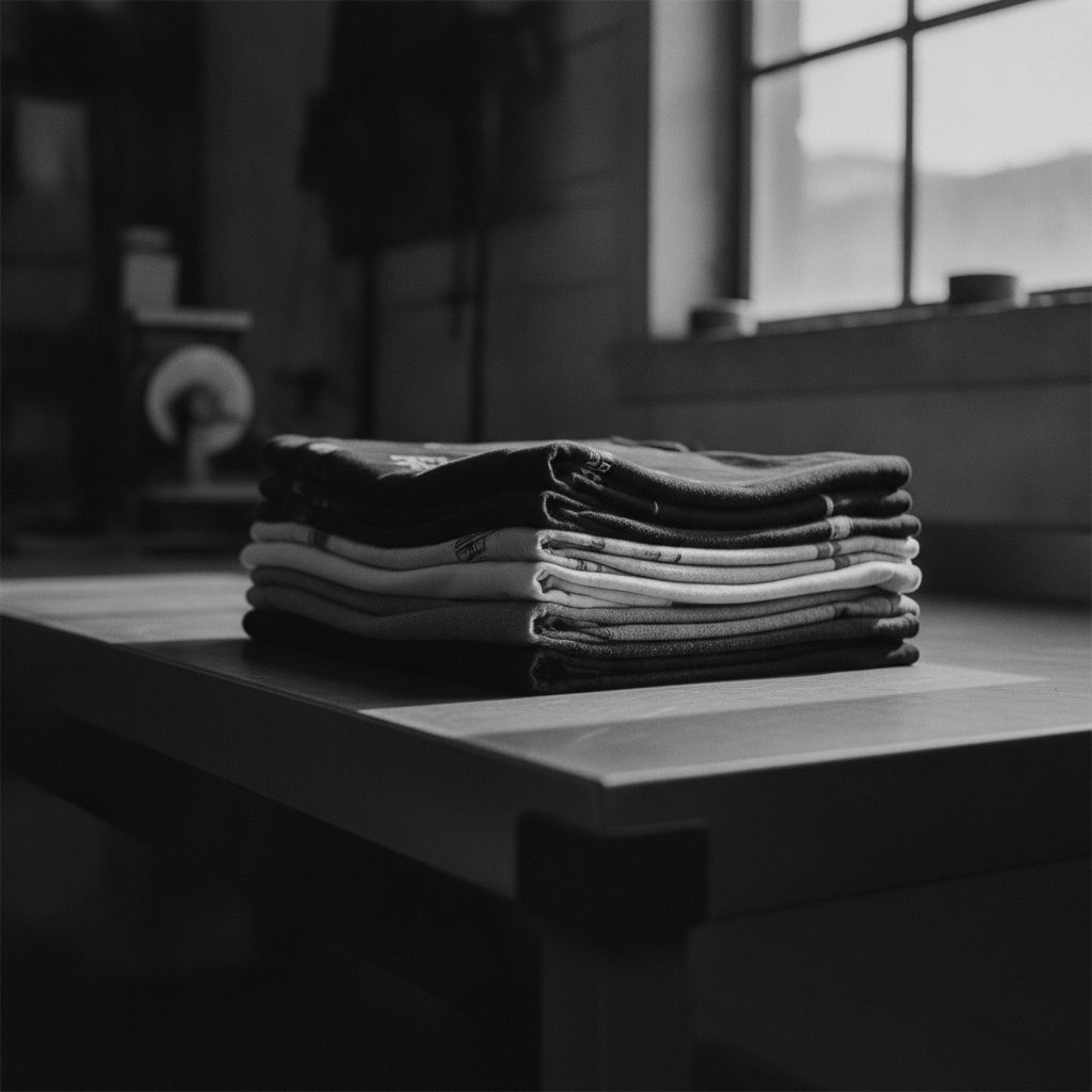 A short stack of folded printed t-shirts on a brushed steel table