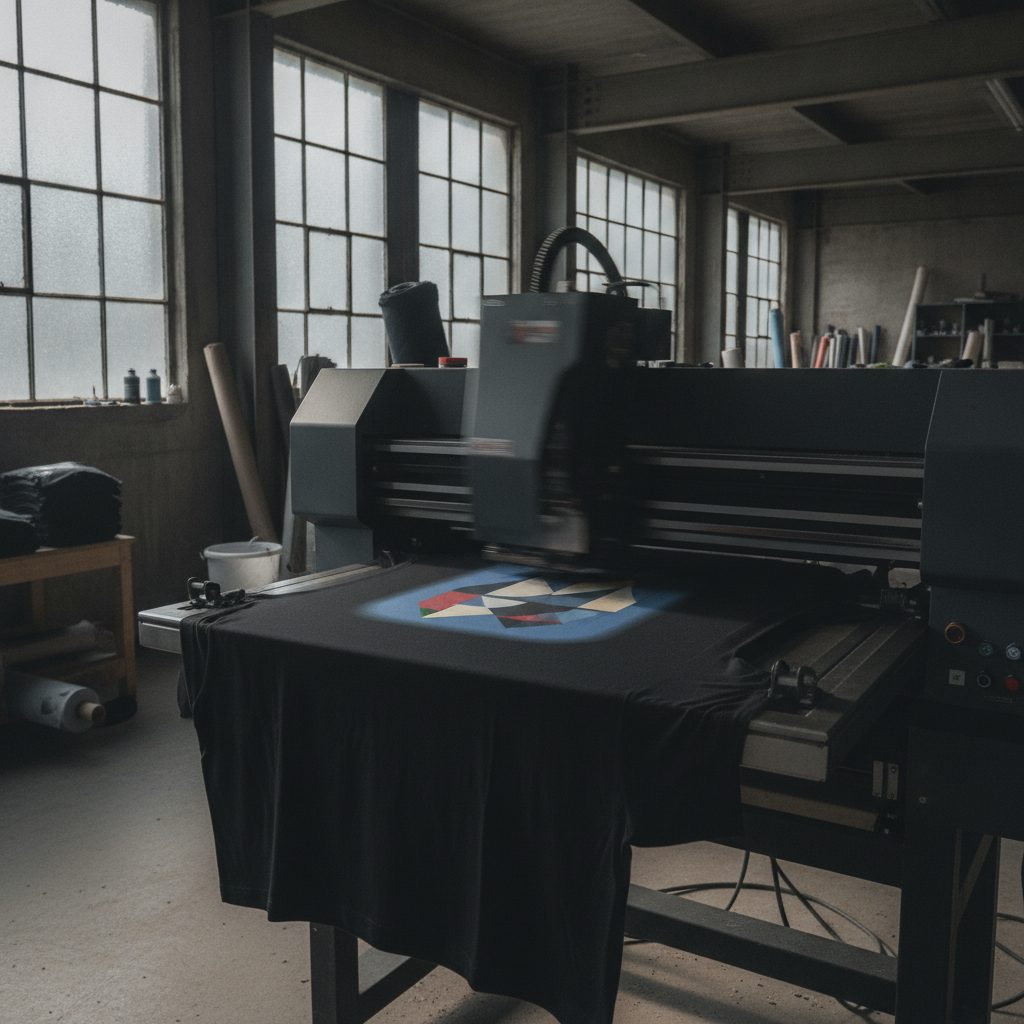 Direct-to-garment printer laying full-color ink onto a cotton t-shirt on the platen