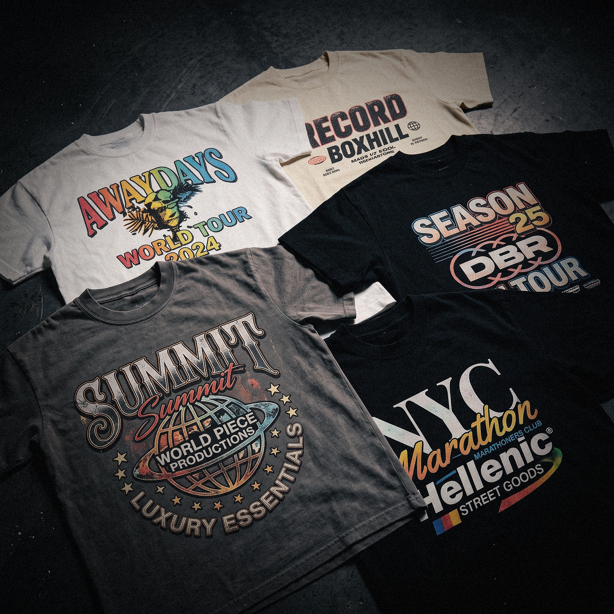 Several one-off DTG tour tees printed as samples