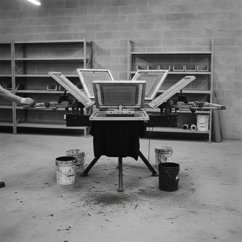 Manual screen printing carousel with screens lowered over a black tee, squeegee resting across the frame