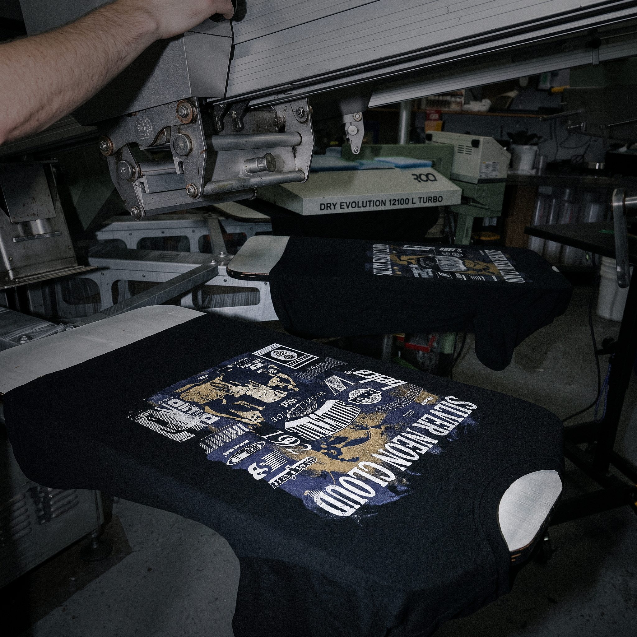 A screen printing press mid-run on the shop floor in Los Angeles