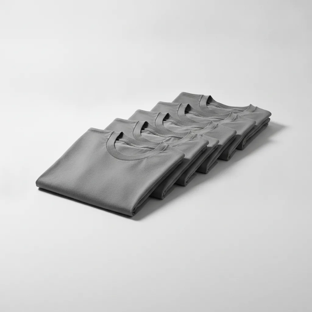Five identical folded grey t-shirts fanned in a row, every one the same shade