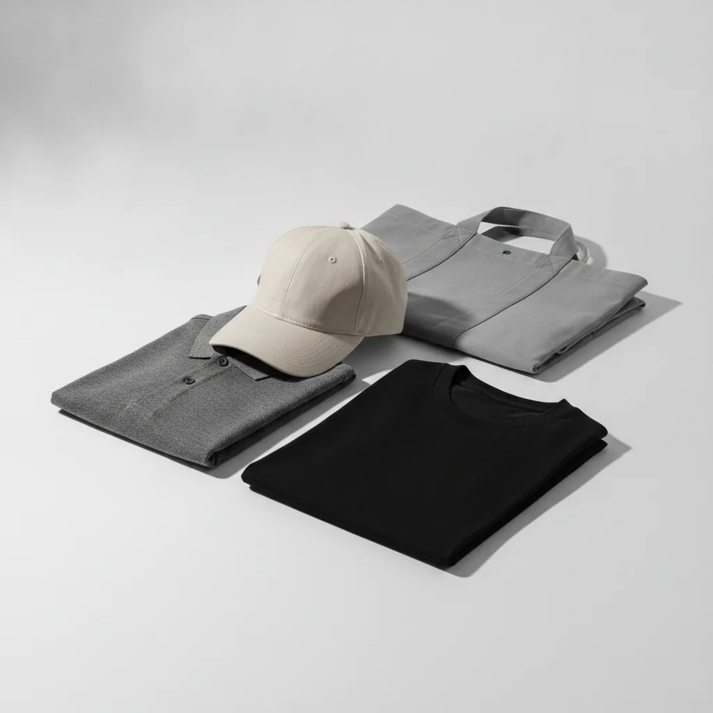 Folded blank polo, t-shirt, cap and canvas tote arranged on a studio sweep