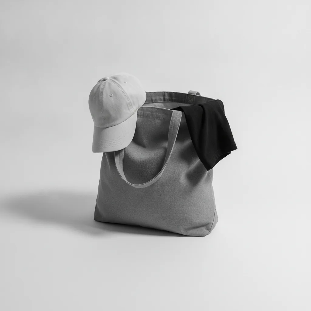 A grey canvas tote standing open with a bone cap and a folded black t-shirt