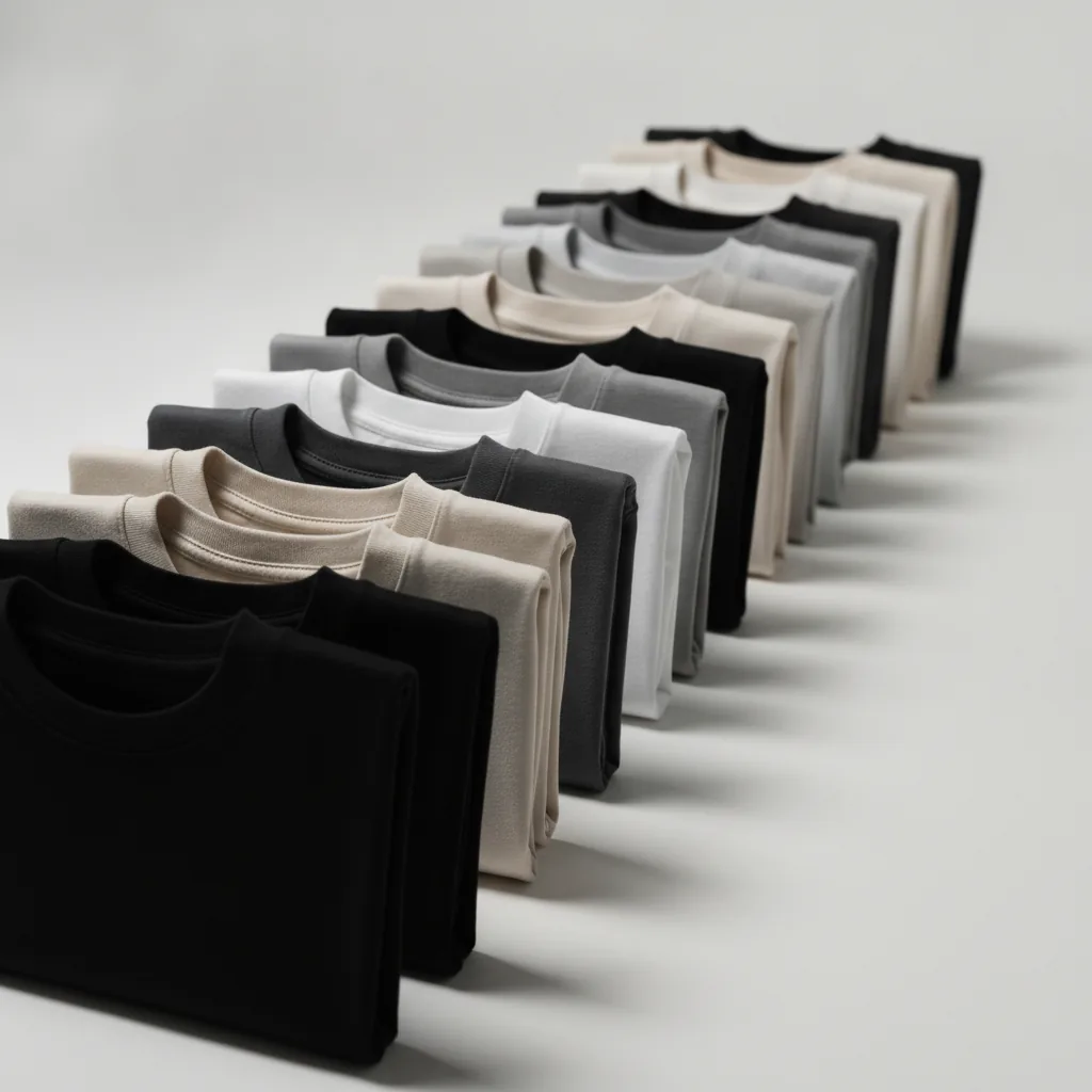 A long row of individually folded t-shirts standing on edge, receding across the frame