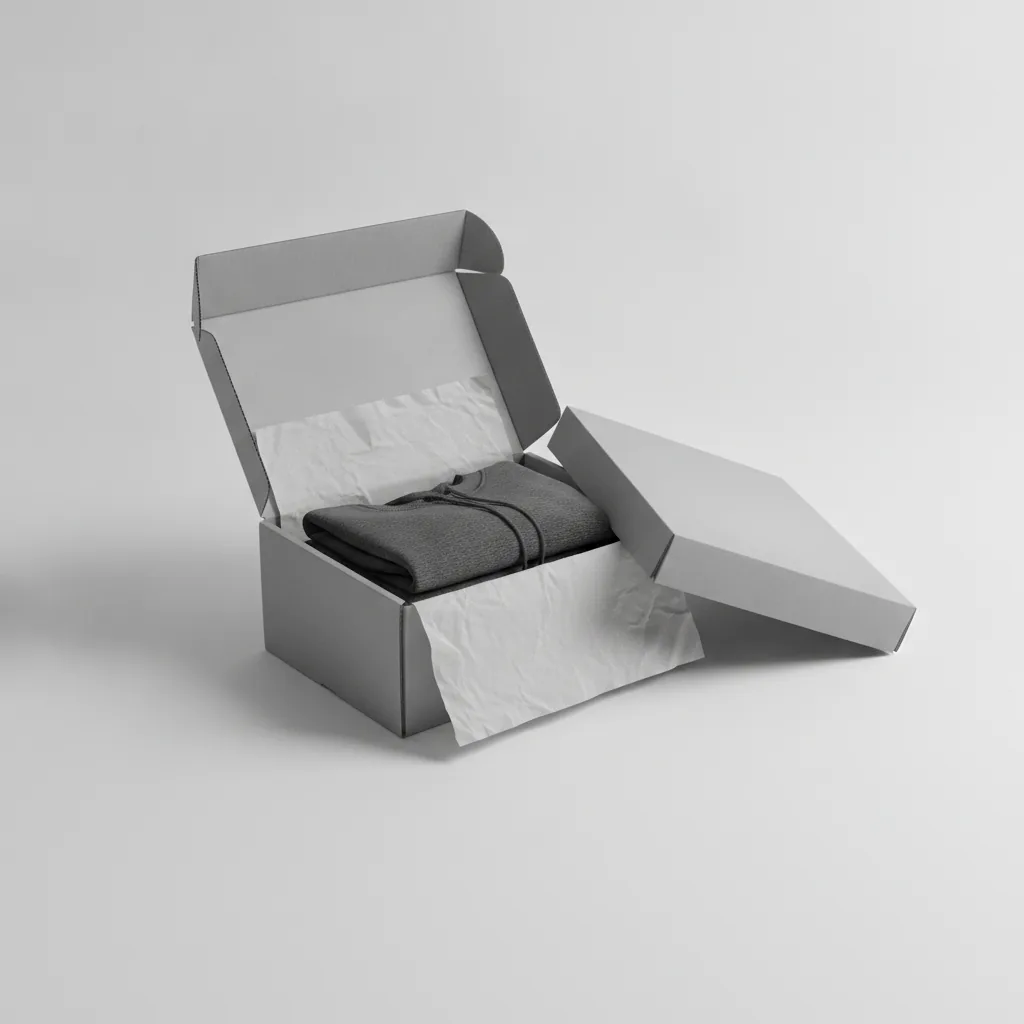An open grey mailer box with folded charcoal apparel nested under tissue, lid leaning against it