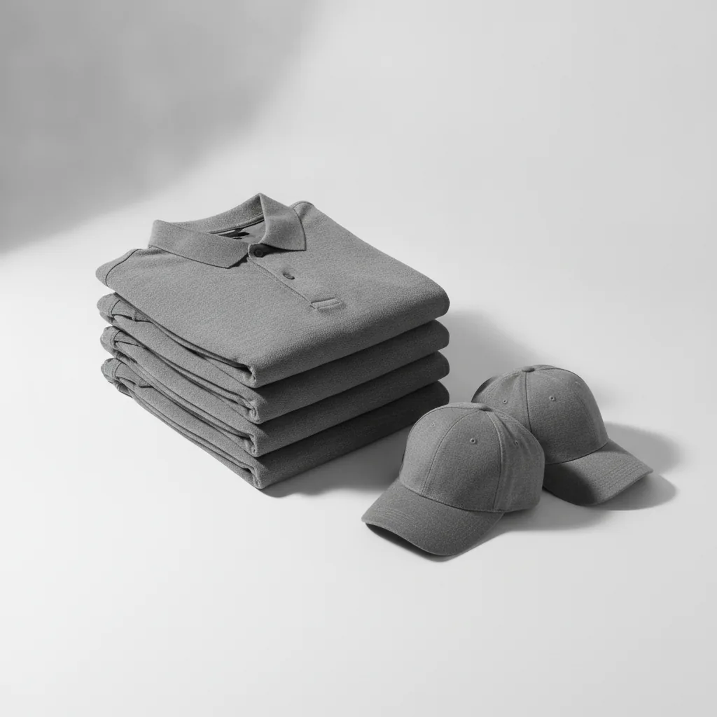 A stack of four identical charcoal polo shirts with two matching caps beside them