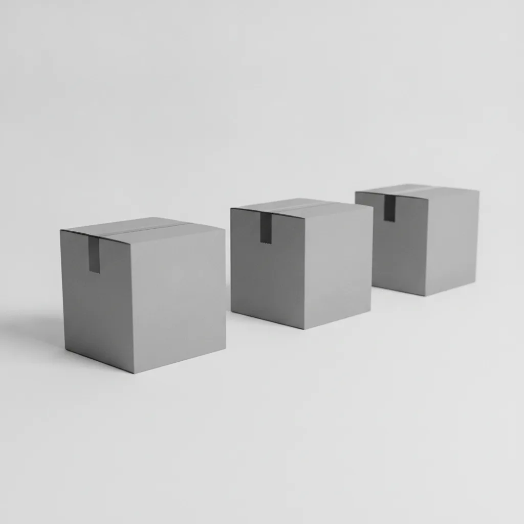 Three identical sealed grey mailer boxes in a row, receding across a studio sweep