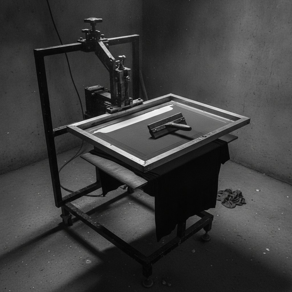 A manual screen printing carousel with an aluminum screen lowered onto a black tee and a squeegee resting on the mesh
