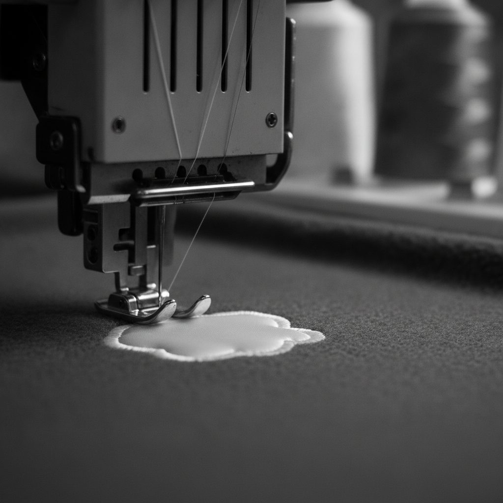 The needle head of a multi-needle embroidery machine stitching dense white thread into charcoal fleece