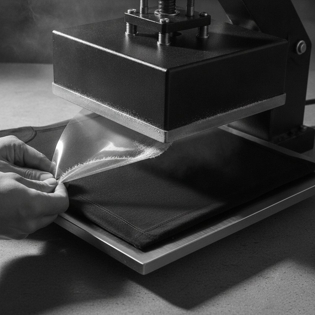A clear transfer film being peeled back off a black tee under an open heat press
