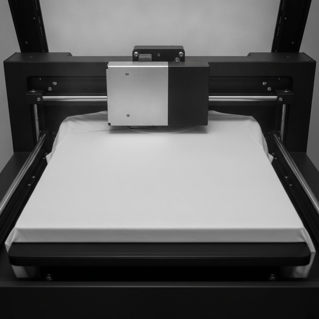 The print head of a direct-to-garment printer crossing a white tee stretched over a black platen
