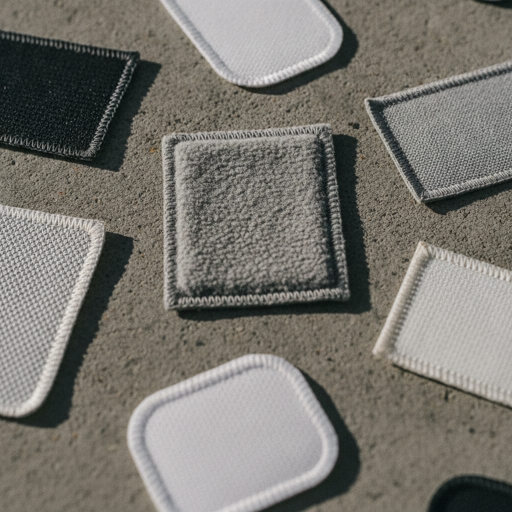 Blank woven, embroidered and chenille patches scattered on raw concrete, one showing a fuzzy pile
