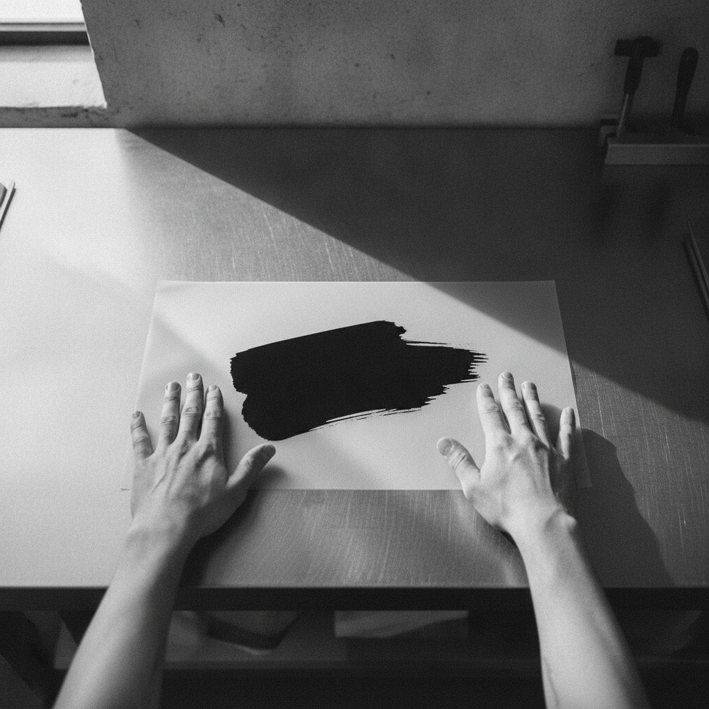 Hands positioning a sheet of clear artwork film over a lit steel table