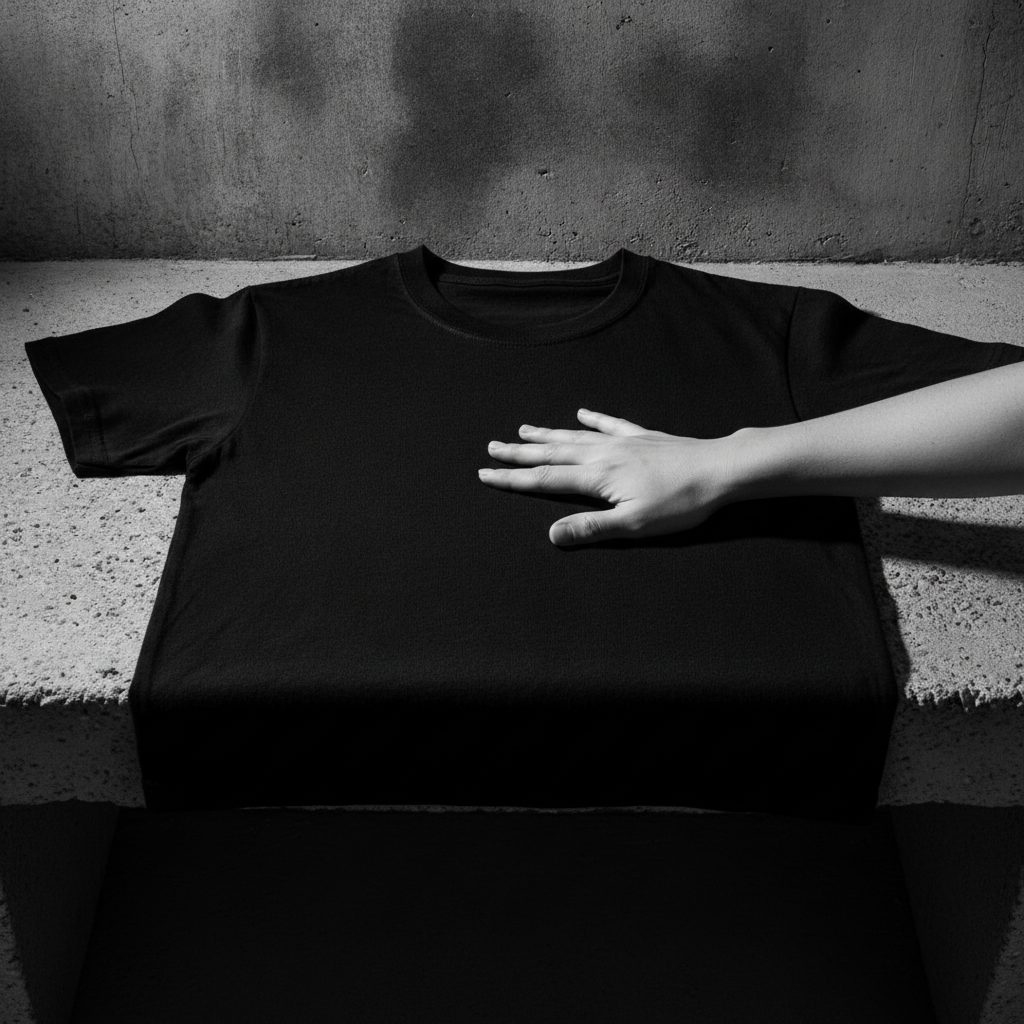 A hand smoothing a black tee laid flat on a concrete bench