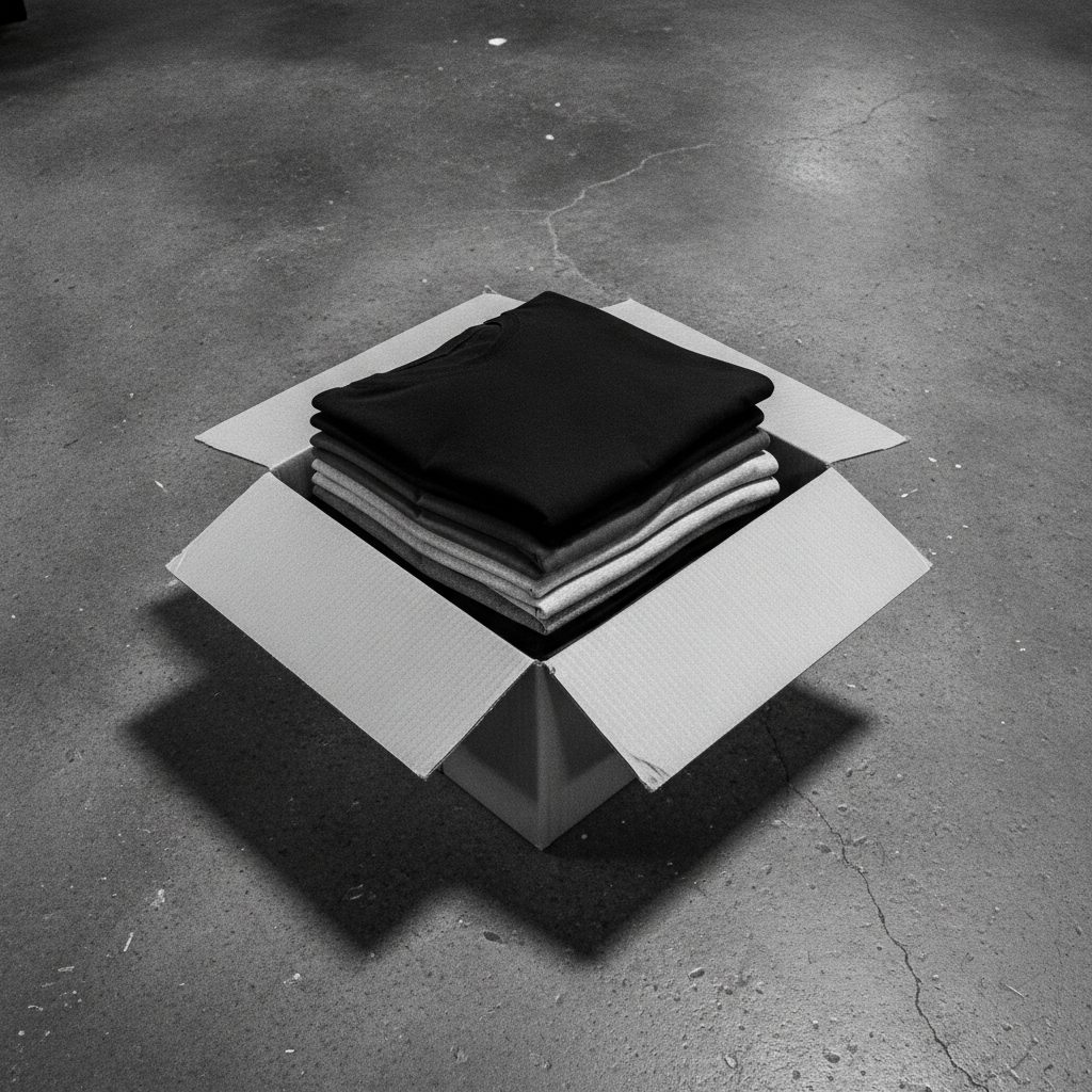 Folded tees stacked in an open box on a concrete workshop floor