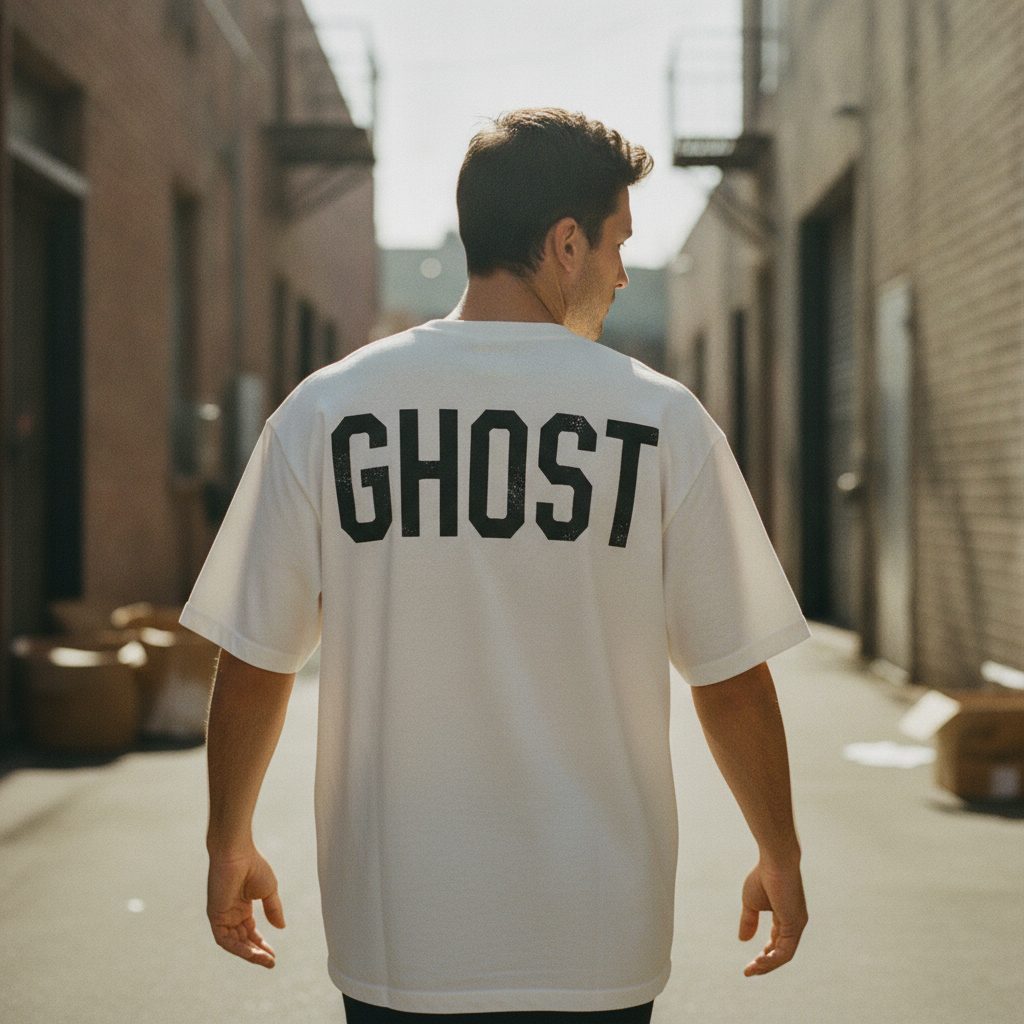 Bone oversized tee seen from behind in a downtown alley