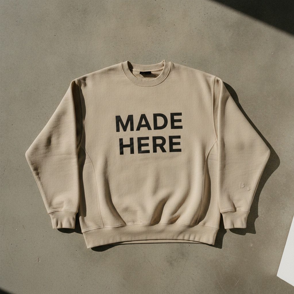 An oatmeal heavyweight crewneck laid flat on a bare concrete floor with the sleeves squared off