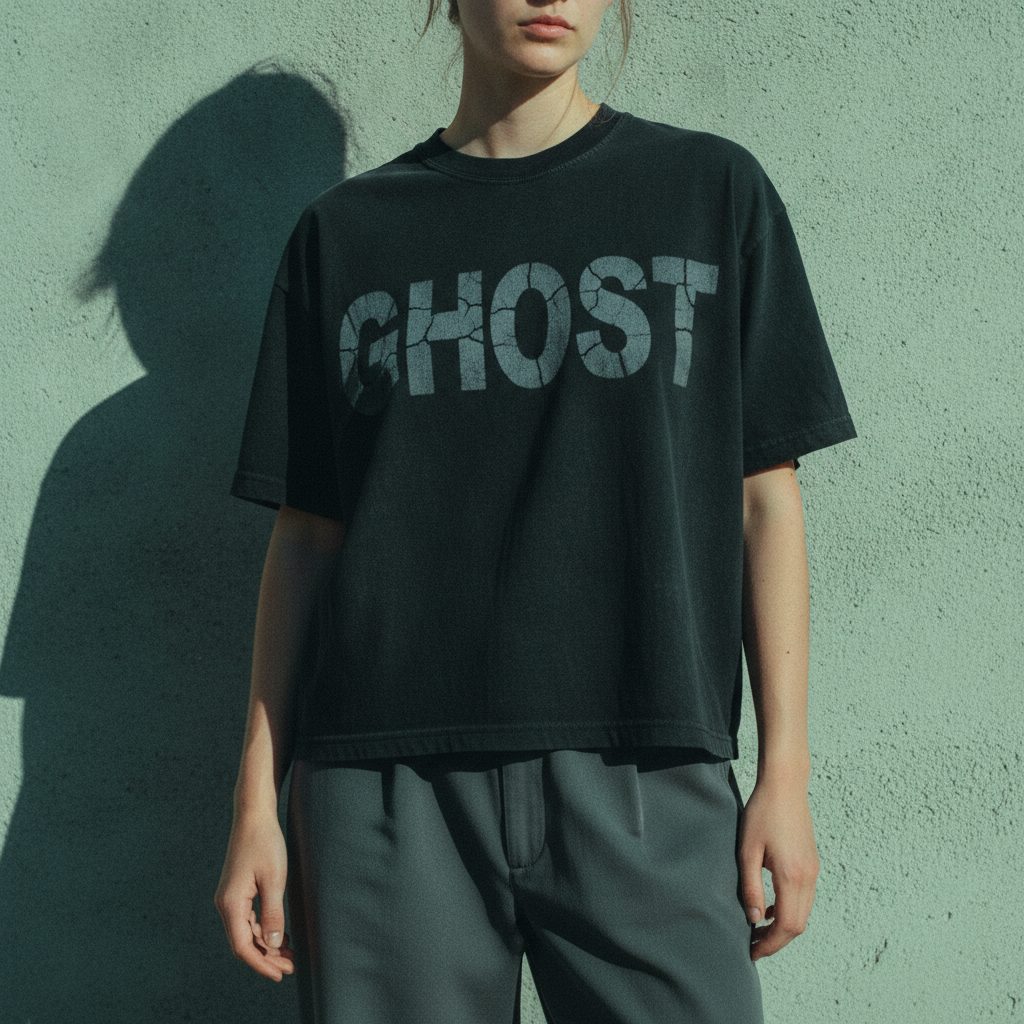 Washed black tee with a large chest print, lit with hard flash against a green wall