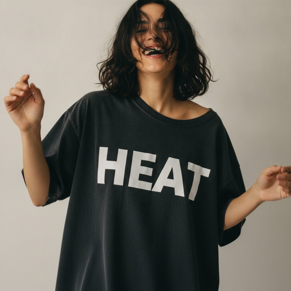 An oversized black tee photographed mid movement