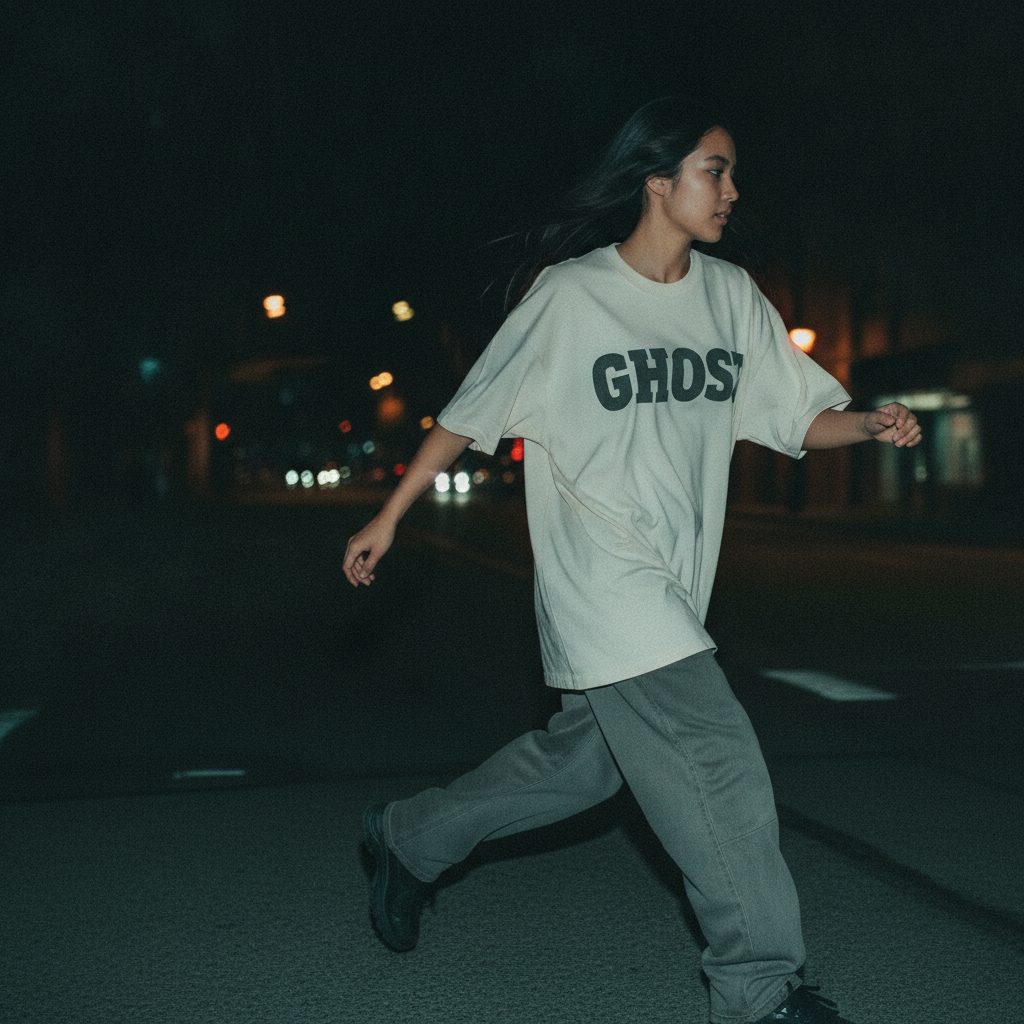 An oversized tee lit by direct camera flash on a dark street at night