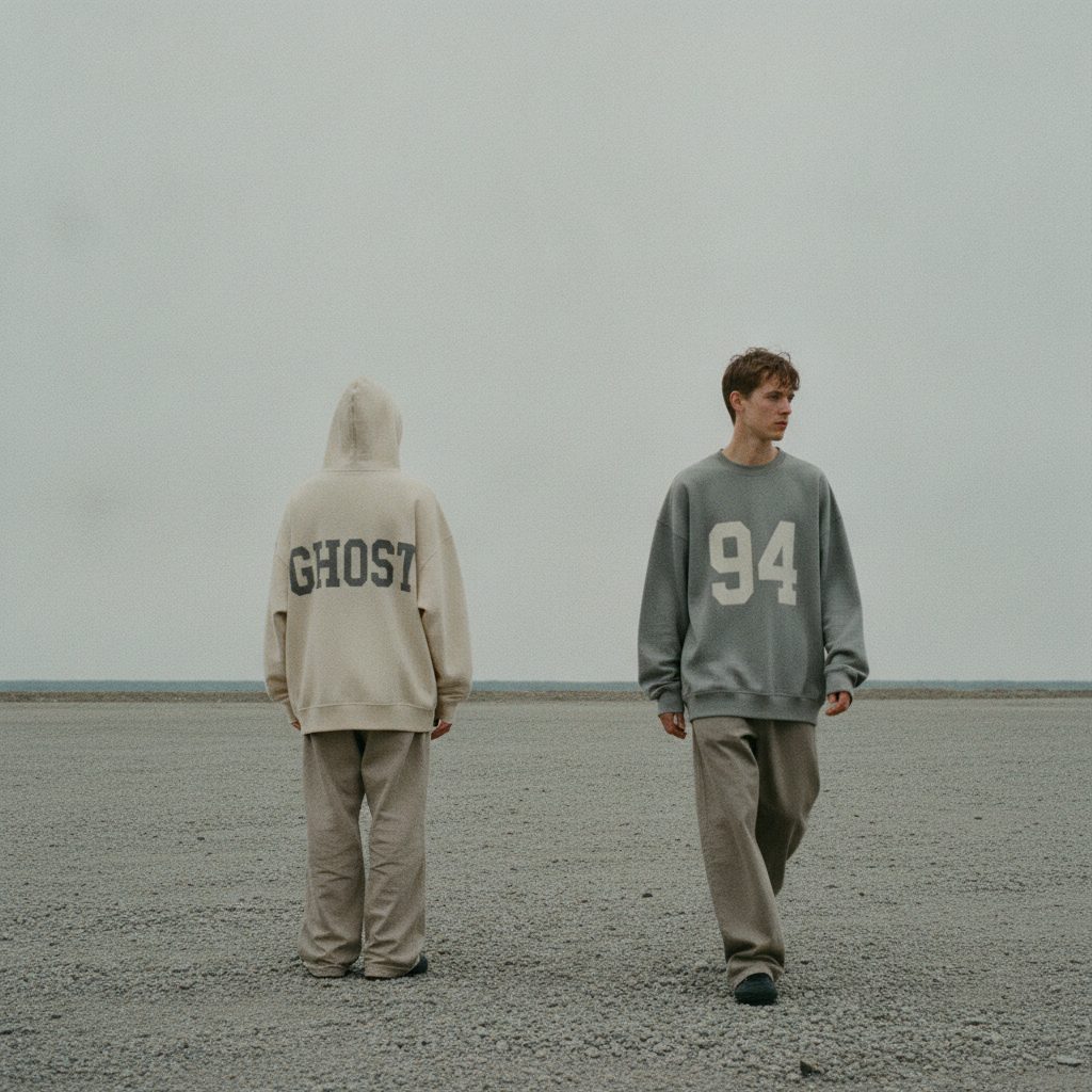 Two people walking away in a cream hoodie and a grey varsity crewneck