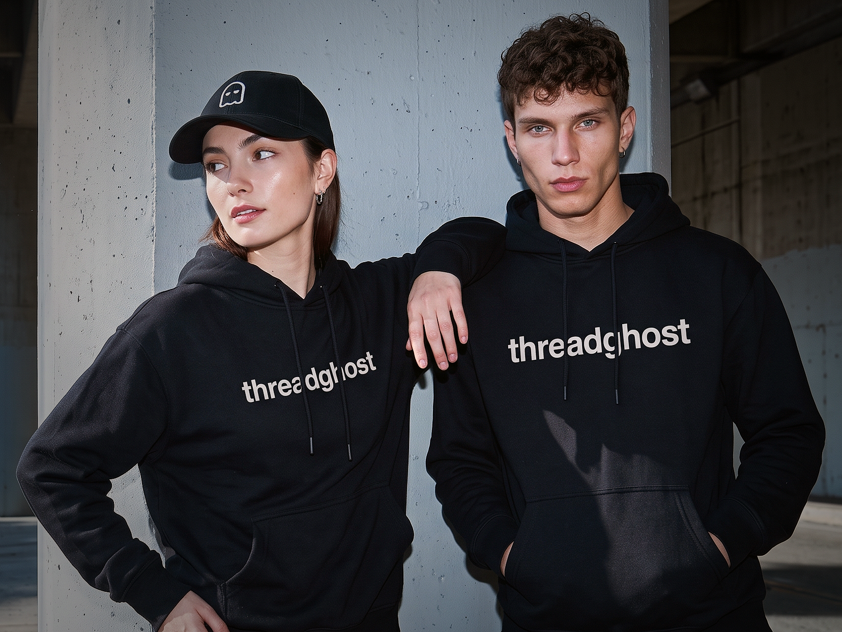 Two people in black threadghost hoodies and a cap against a concrete wall