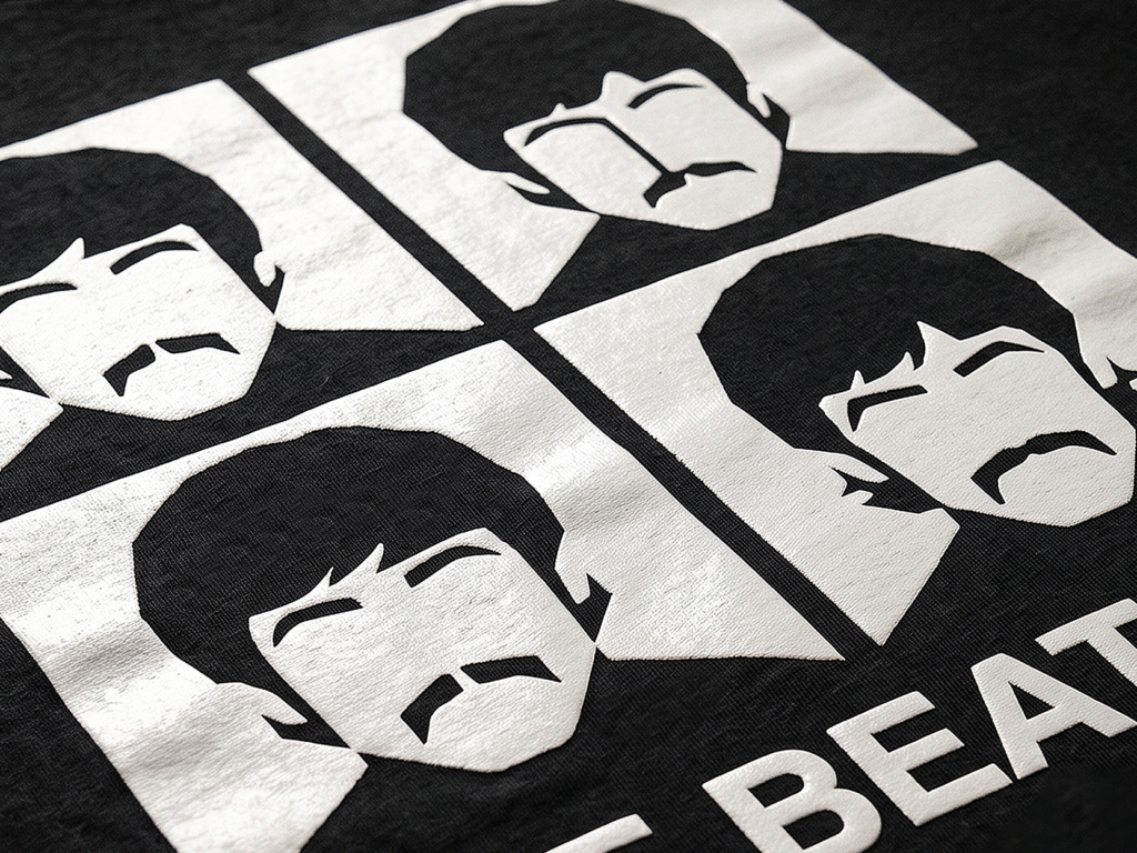 A plastisol screen print sitting on top of a black tee, opaque and bright