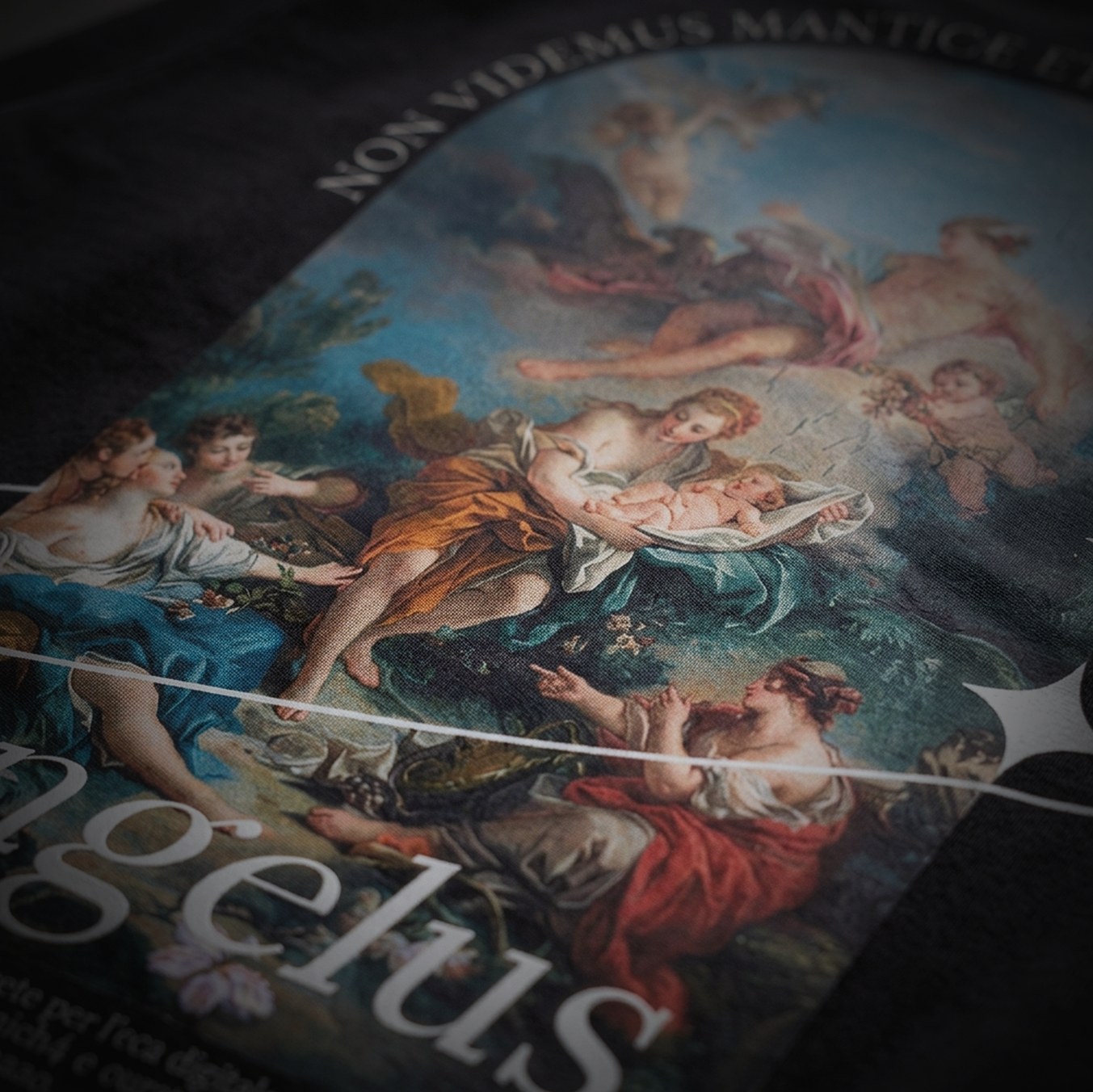 Full-color classical painting applied as a DTF transfer on a black tee