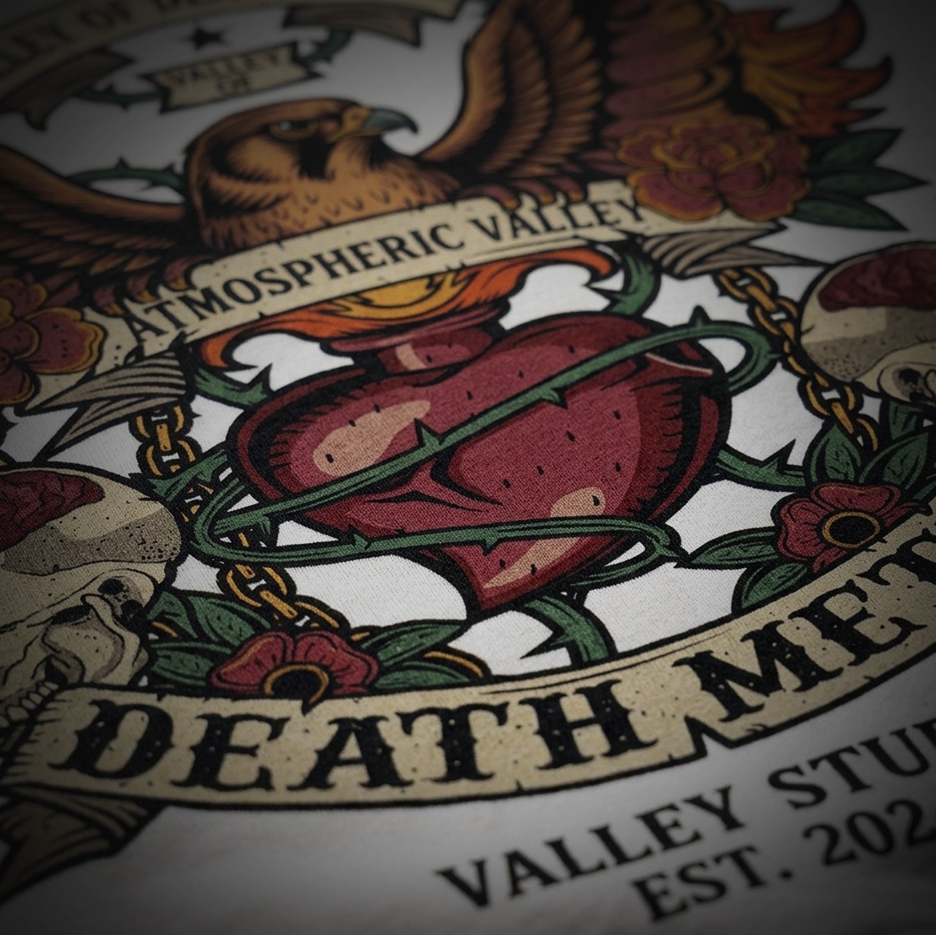 Full-color heart and eagle tattoo design printed direct to garment on a white tee