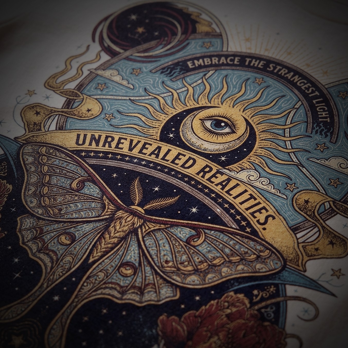 Screen-printed moth and sun design in gold and blue on a black tee