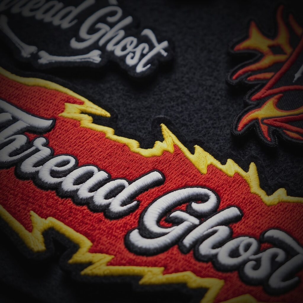 Embroidered Thread Ghost patches with red and yellow flame borders