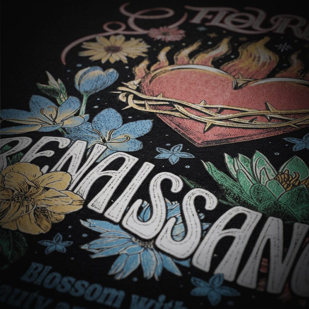 Full-color floral DTF transfer on a black tee
