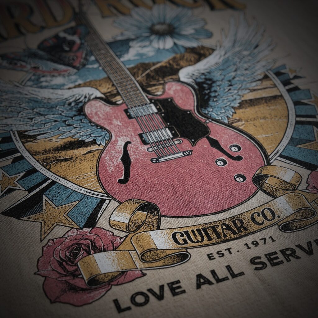 Full-color guitar design printed direct to garment on a cream tee