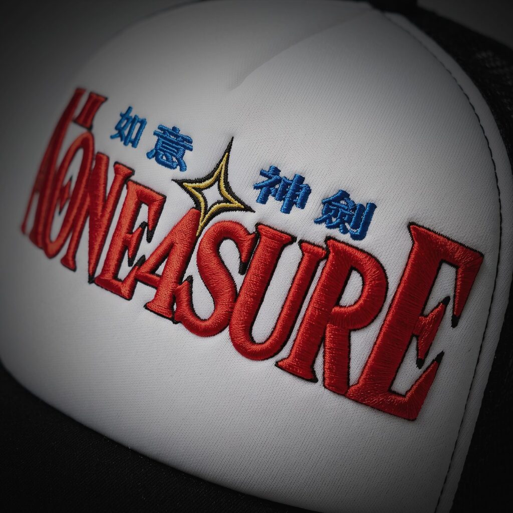 Red and blue embroidered lettering on a white trucker cap
