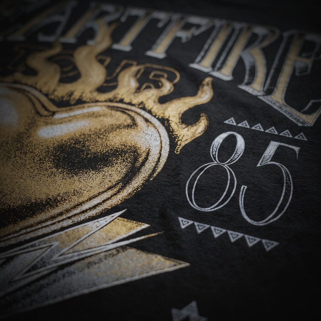 Close-up of a screen-printed gold and white design on a black tee